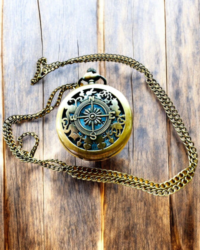 Ouderwetse Zakhorloge met Kompasmotief en Ketting, Kwarts, personalisatie met gravure