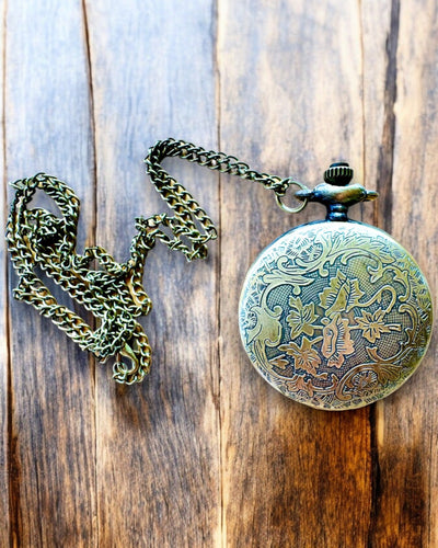Ouderwetse Zakhorloge met Kompasmotief en Ketting, Kwarts, personalisatie met gravure