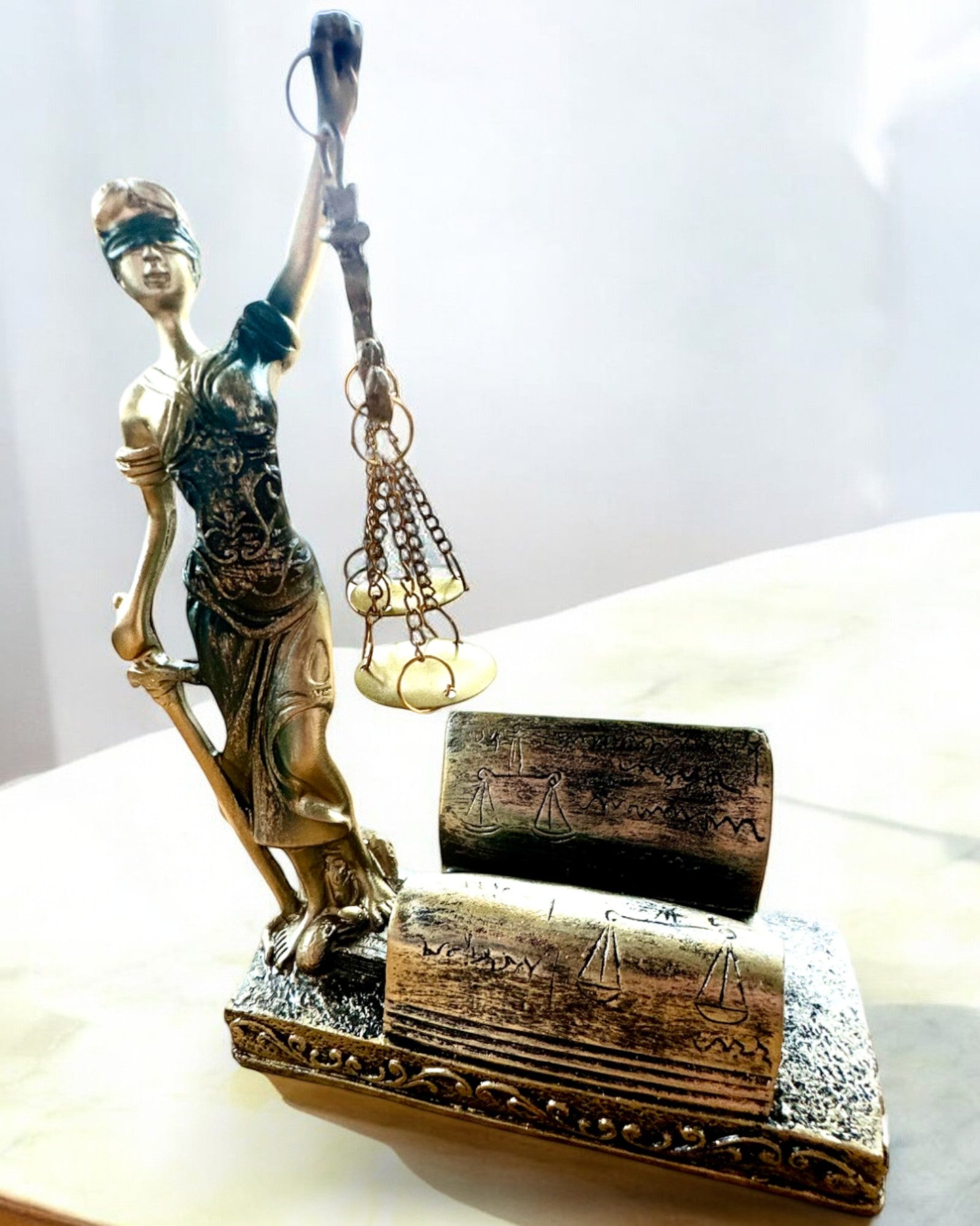 Statuet "Justicia 2" - Godin van de Rechtvaardigheid – Artistieke Decoratie voor op de Plank, Ambacht van Hars, personalisatie met gravure