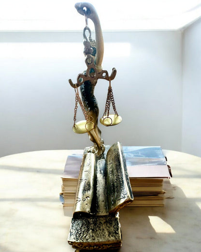 Statuet "Justicia 2" - Godin van de Rechtvaardigheid – Artistieke Decoratie voor op de Plank, Ambacht van Hars, personalisatie met gravure
