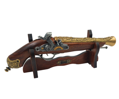 Replica van een percussiepistool uit de XVIII eeuw op standaard met mogelijkheid tot personalisatie met gravure - elegant decoratief element en ideaal cadeau voor geschiedenisliefhebbers - gemaakt van metaal en hout, lengte 38 cm
