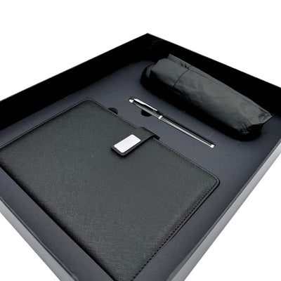 Elegante cadeauset met personalisatie - leren notitieboek A5, pen en zwarte paraplu in geschenkdoos