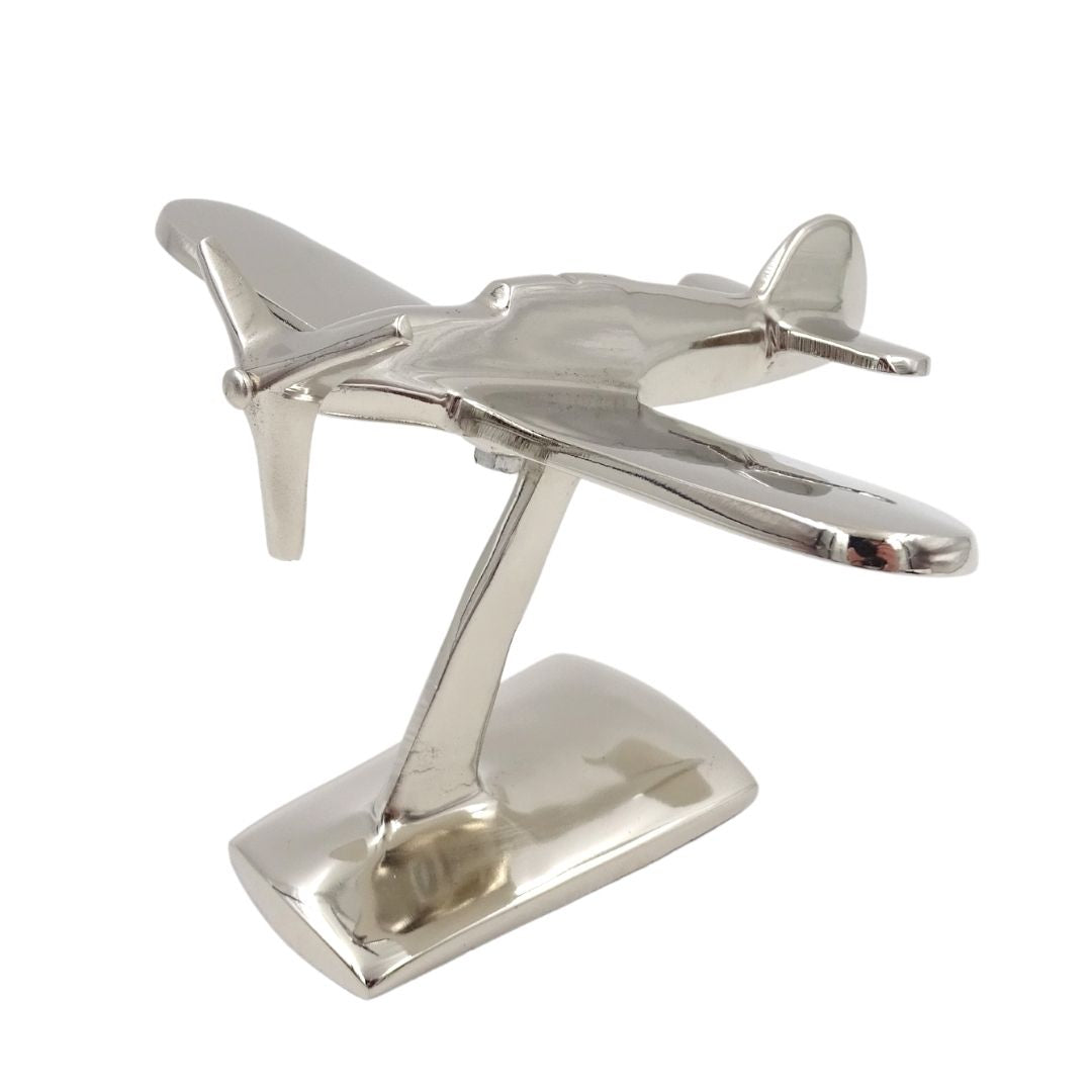 Model van eenmotorig vliegtuig N-0896 van aluminium in zilverkleur, 17x14x11 cm