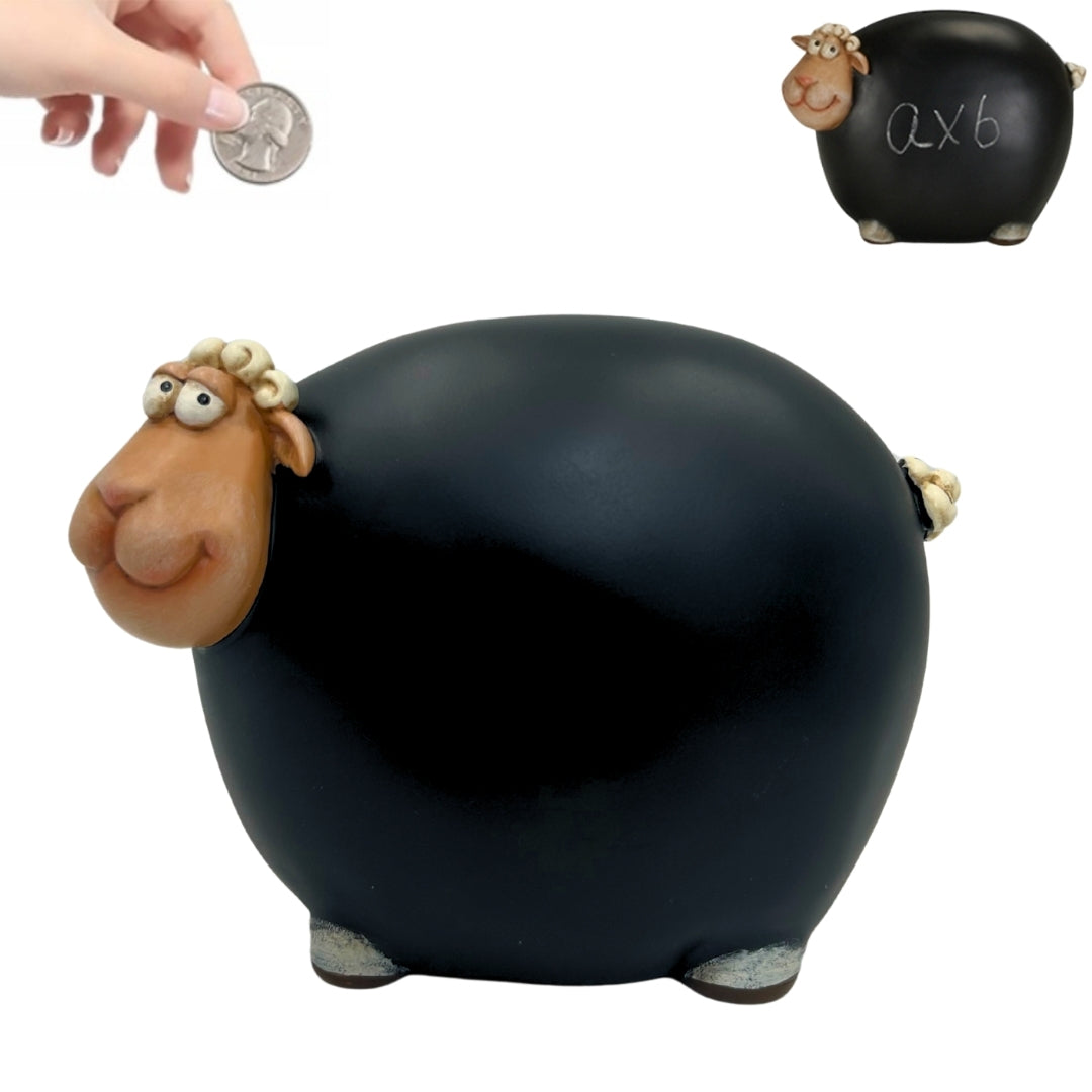 Spaarpot schaapje met schoolbordverf met mogelijkheid tot personalisatie - zwart met beige en witte elementen, hoogte 19,5 cm