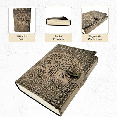 Retro leren notitieboek Levensboom met gravure