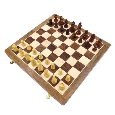 Houten schaakspel 40x40 cm met gravure - Opvouwbaar schaakbord van Indisch palissander in bruin-beige kleur