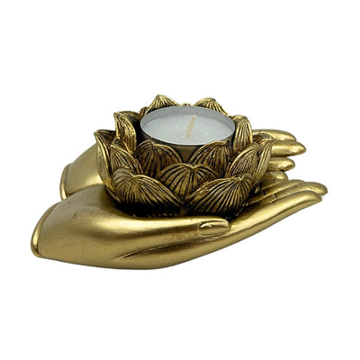 Gouden glamour-theelichthouder met mogelijkheid tot personalisatie met gravure – Elegant decoratief interieurelement met afmetingen 11,5 x 9,4 x 4,8 cm van polyresin