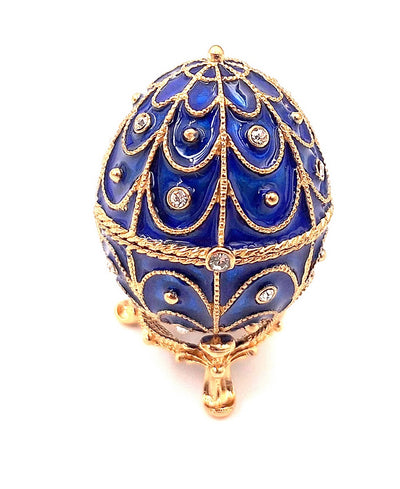 Exclusief metalen doosje met kristalletjes in de vorm van een Fabergé-ei, marineblauw-goud, 5,5x6,5cm met mogelijkheid tot personalisatie door gravure