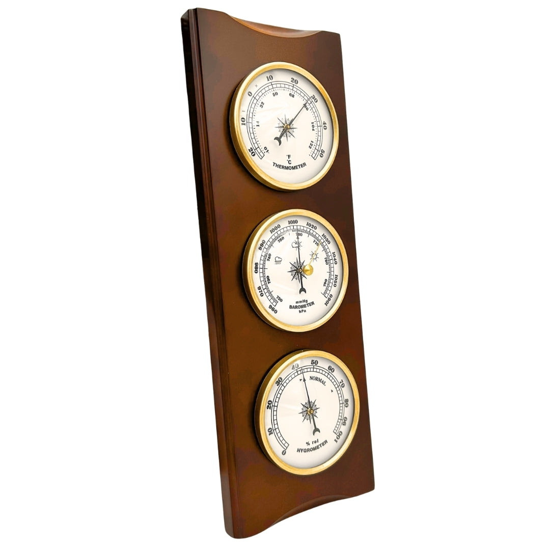 Elegant retro-weerstation 36cm met gravure – barometer, thermometer, hygrometer in houten behuizing