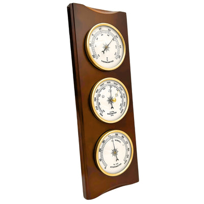 Elegant retro-weerstation 36cm met gravure – barometer, thermometer, hygrometer in houten behuizing