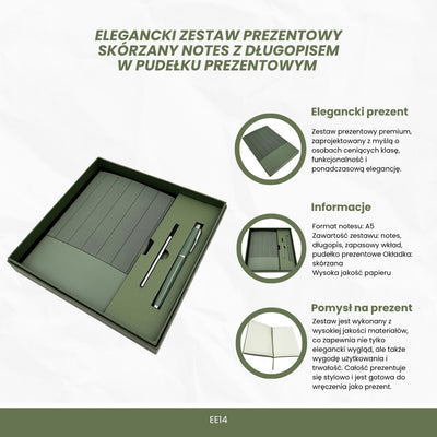 Elegante geschenkset met gepersonaliseerde gravure - leren notitieboek A5 in olijfgroen met pen en reservevulling in esthetische geschenkdoos