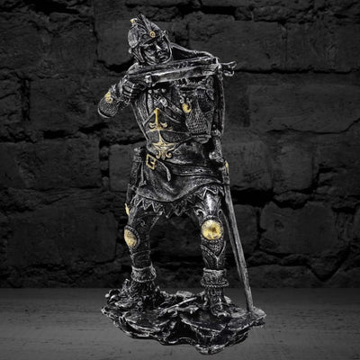Beeldje middeleeuwse ridder met kruisboog 20cm met mogelijkheid tot personalisatie door gravure - zilver-gouden decoratie als cadeau voor liefhebbers van geschiedenis en fantasy - handbeschilderd van polyresin