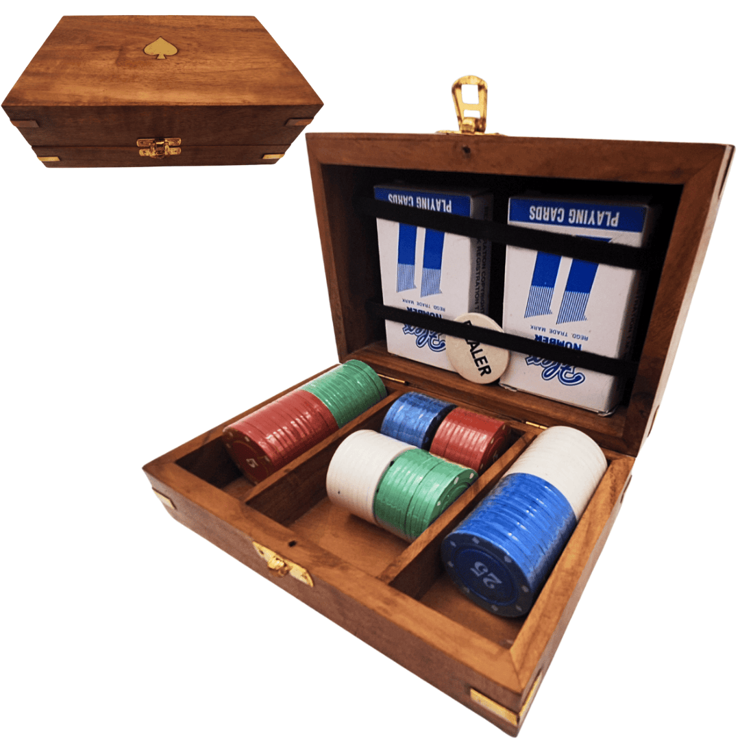Elegante pokerset in houten doos met gravure