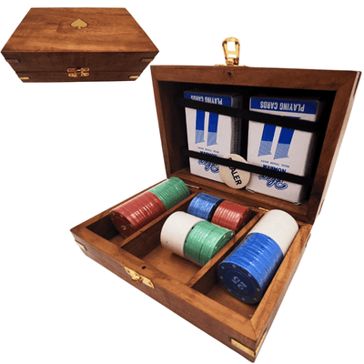Elegante pokerset in houten doos met gravure