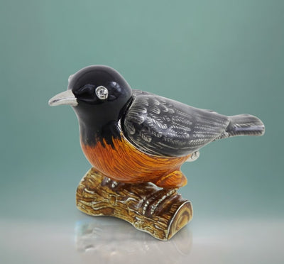 Metalen doosje in de vorm van een vogeltje met kristalletjes, gepersonaliseerd met gravure, ideaal als cadeau - zwart, zilver, bruin, oranje, afmetingen 5x6x5cm, materiaal: metaal, email, kristal