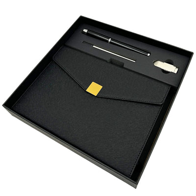 Elegante premium cadeauset met personalisatie – leren A5-notitieboek, pen en USB-stick 16GB in zwart-gouden doos