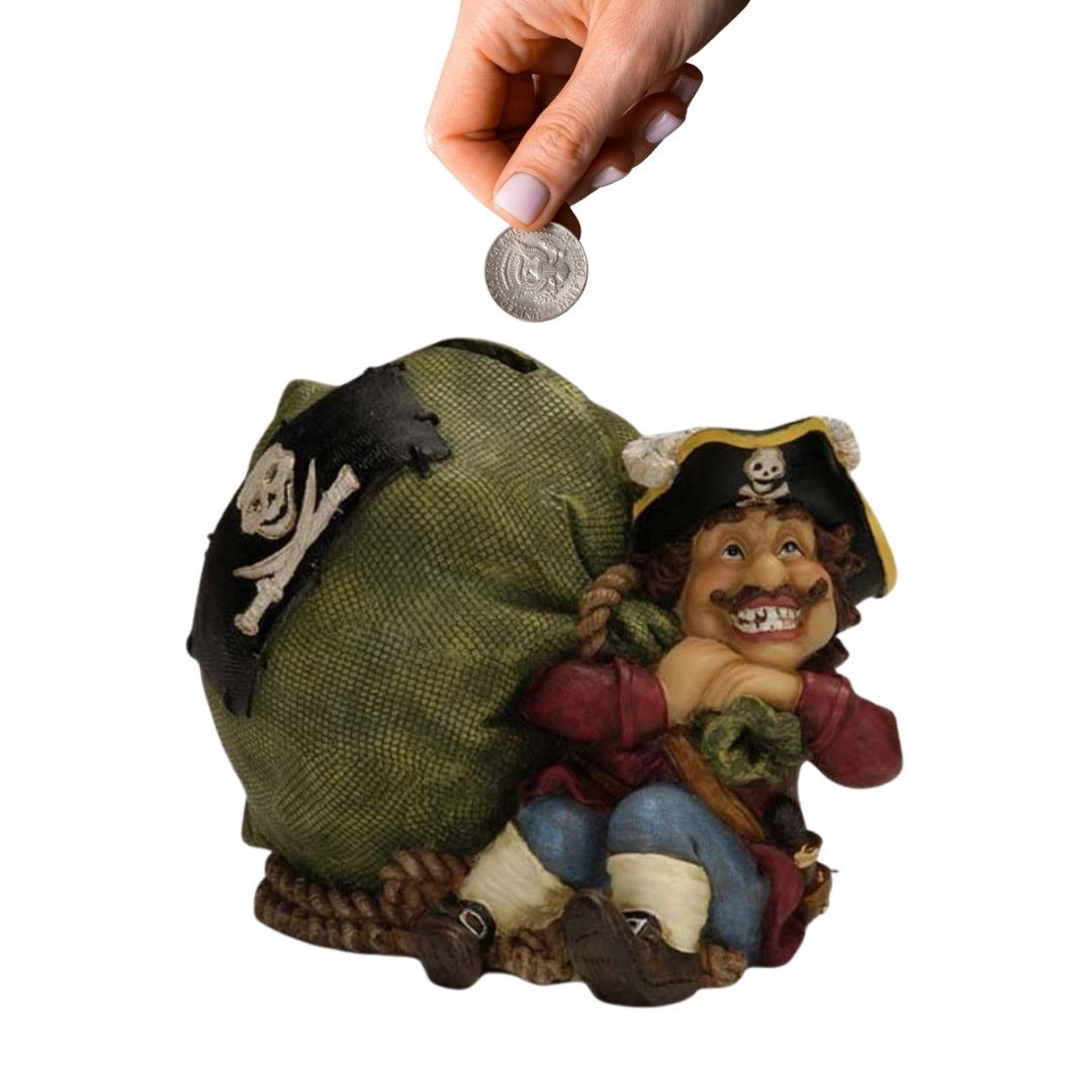 Decoratieve spaarpot piraat met schat 14 cm met mogelijkheid tot personalisatie met gravure