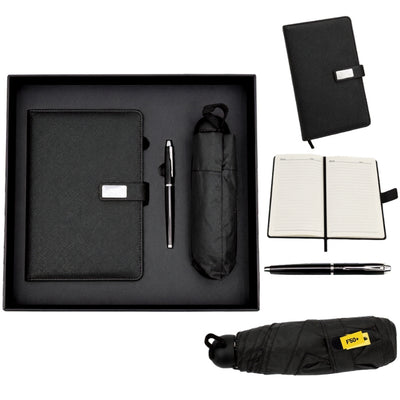 Elegante cadeauset met personalisatie - leren notitieboek A5, pen en zwarte paraplu in geschenkdoos