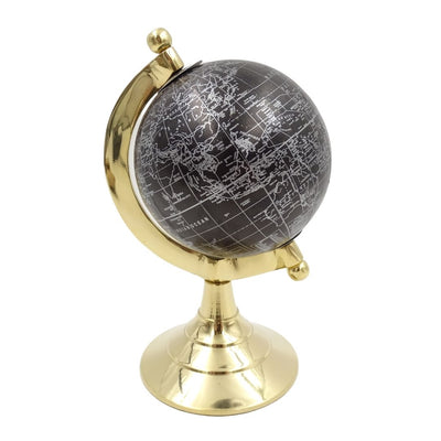 Decoratieve globe Black & Gold met mogelijkheid tot personalisatie van de gravure – elegant cadeau-accessoire, hoogte 20 cm, messing voet, zwarte kaart met zilveren opschriften