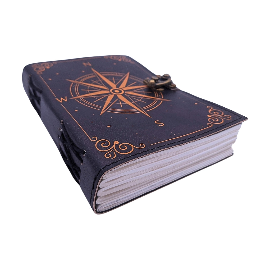 Leren notitieboek Kompasroos Retro zwart goud met gepersonaliseerde gravure