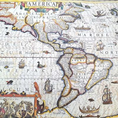 Kaart van Amerika 1628 - J. Hondius-reprint met mogelijkheid tot personalisatie met gravure - ideaal cadeau voor reizigers en geschiedenisliefhebbers - afmetingen 37,5 x 50 cm