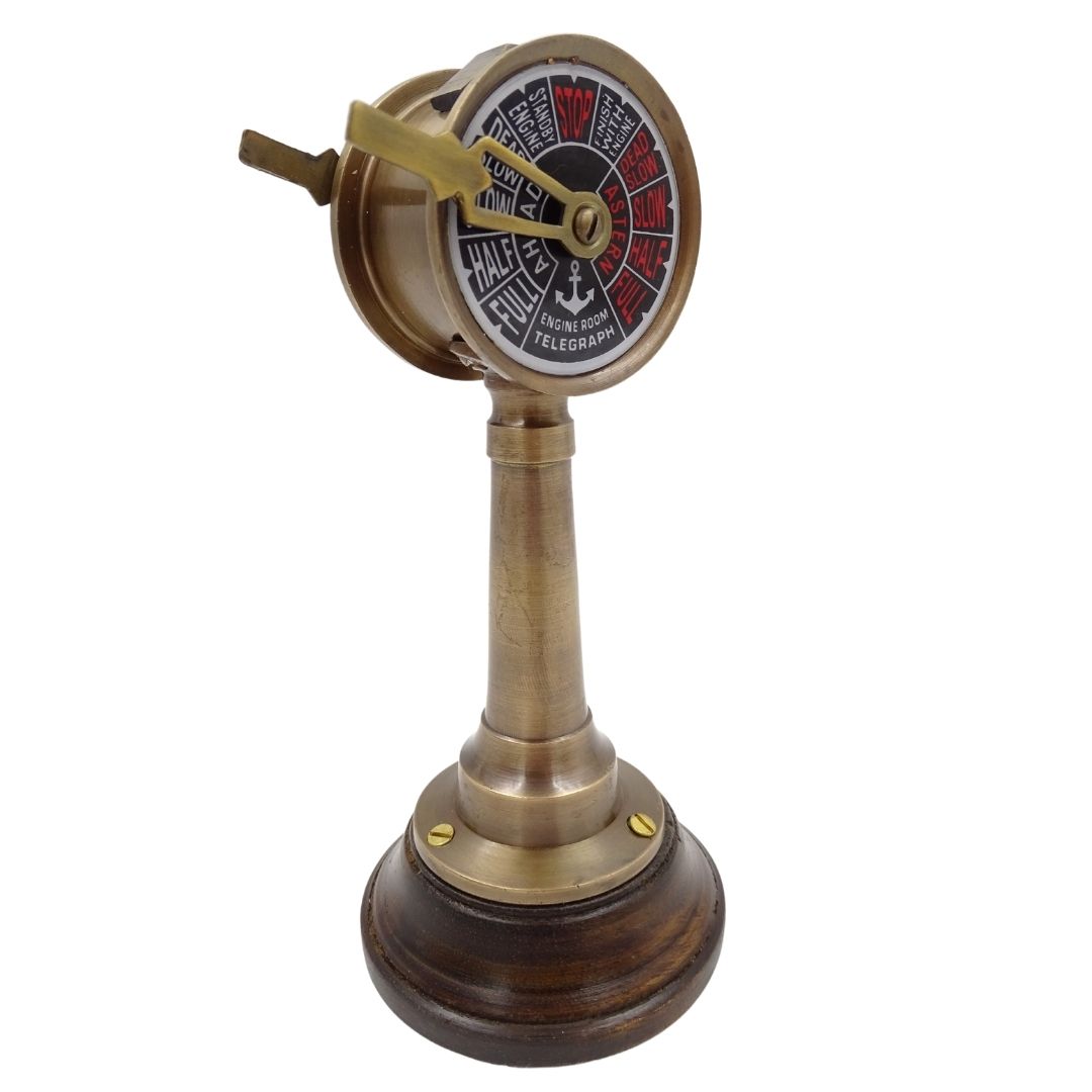 Scheepstelegraaf TG4 met gravure - gepersonaliseerd cadeau van messing en hout, hoogte 16,5 cm, kleuren goud en bruin