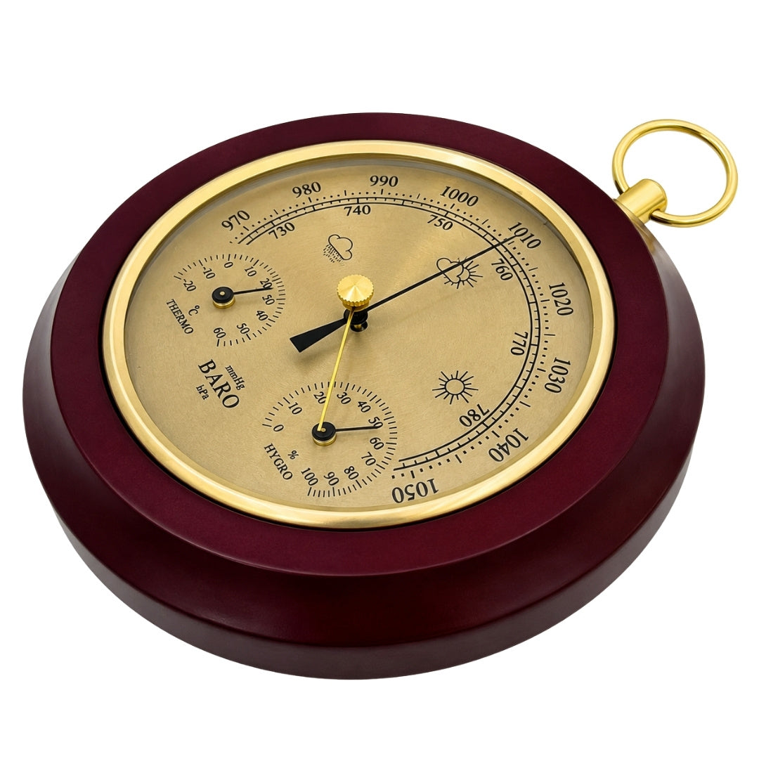 3-in-1 weerstation YG386 met gravure - elegante thermometer, barometer en hygrometer in ronde houten behuizing