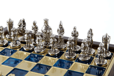 Elegante premium messing schaakset 20x20cm Byzantium met gepersonaliseerde gravure - ideaal cadeau voor een schaker en geschiedenisliefhebber - handgemaakte stukken in gouden en zilveren afwerking