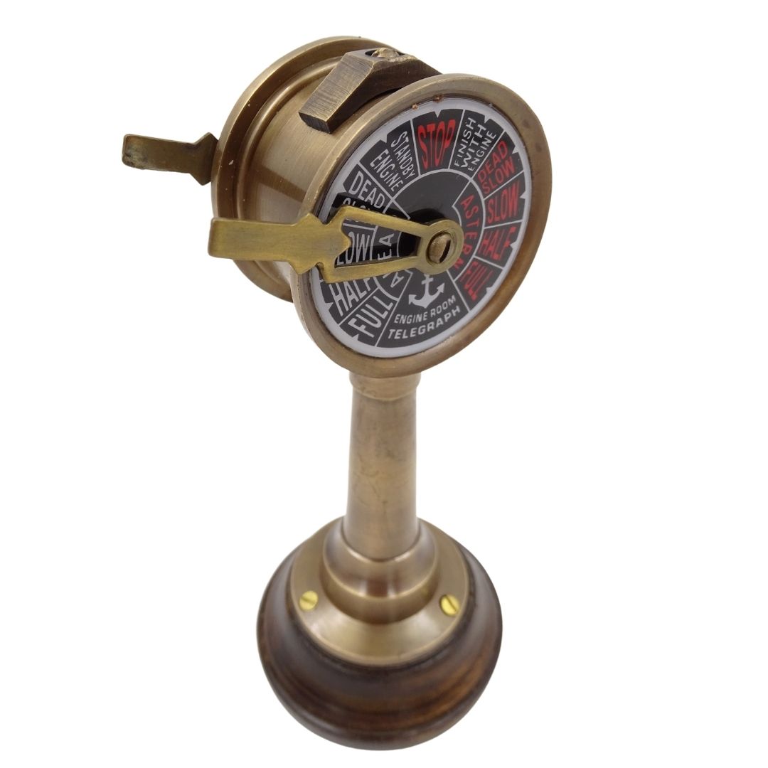 Scheepstelegraaf TG4 met gravure - gepersonaliseerd cadeau van messing en hout, hoogte 16,5 cm, kleuren goud en bruin