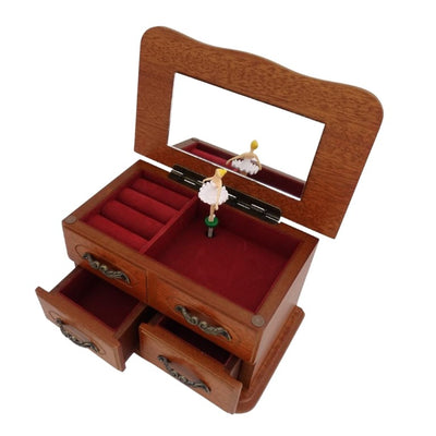 Houten speeldoos-sieradendoosje met spiegeltje en gravure - elegant cadeau voor sieraden met twee laatjes, hoogte 10cm, melodie "The Entertainer