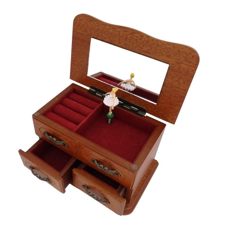 Houten speeldoos-sieradendoosje met spiegeltje en gravure - elegant cadeau voor sieraden met twee laatjes, hoogte 10cm, melodie "The Entertainer
