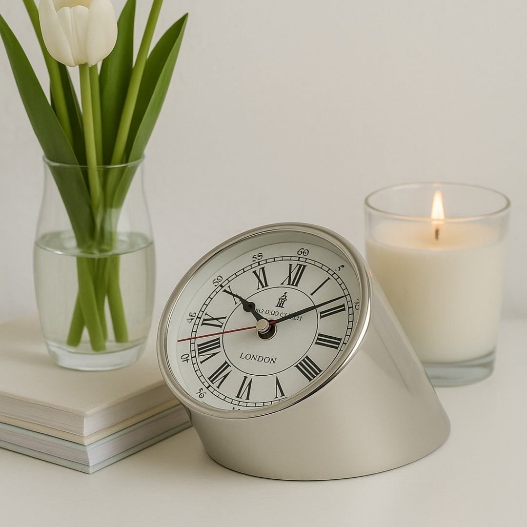 Metalen bureauklok CLK-0212 met gravure - gepersonaliseerd cadeau in zilver, wit of zwart, hoogte 19 cm, moderne stijl met Romeinse en Arabische cijfers