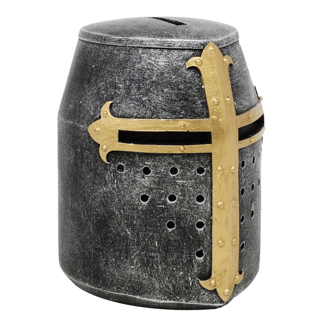 Spaarpot kruisridderhelm met personalisatie met gravure – uniek cadeau in middeleeuwse stijl, hoogte 10 cm, handbeschilderd, van polyresin