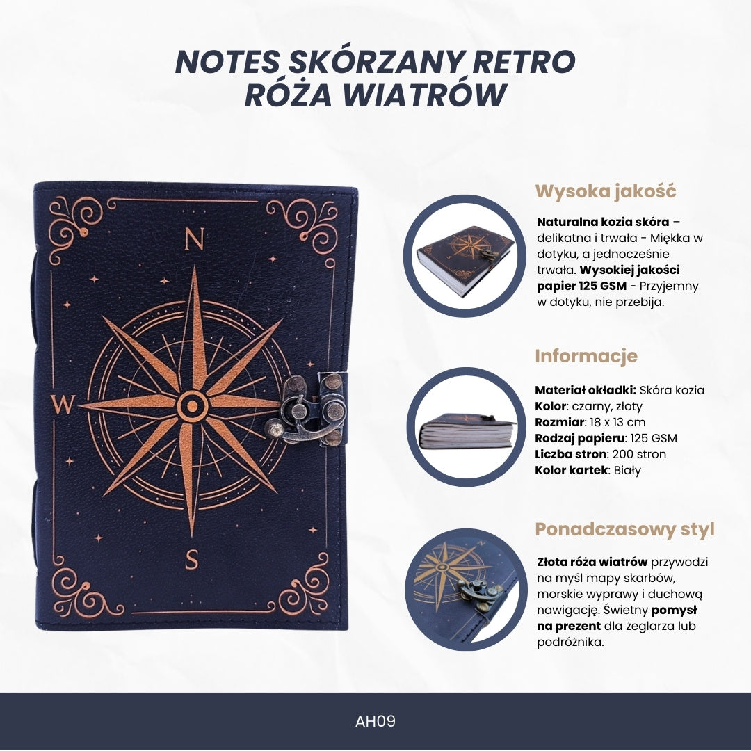 Leren notitieboek Kompasroos Retro zwart goud met gepersonaliseerde gravure