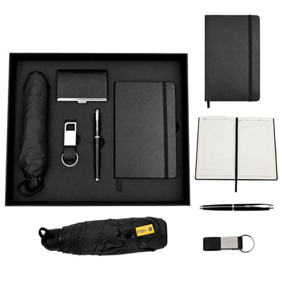 Elegante geschenkset Classico met personalisatie - leren notitieboek A5, paraplu, pen, visitekaarthouder en sleutelhanger in esthetische geschenkdoos