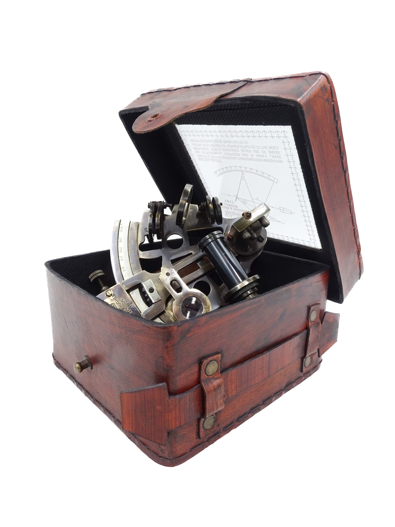 Messing sextant met gravure in leren doos - replica uit 1917, ideaal als cadeau voor zeilers en astronomen, afmetingen 13x12x6 cm, antiek, materiaal: messing en glas