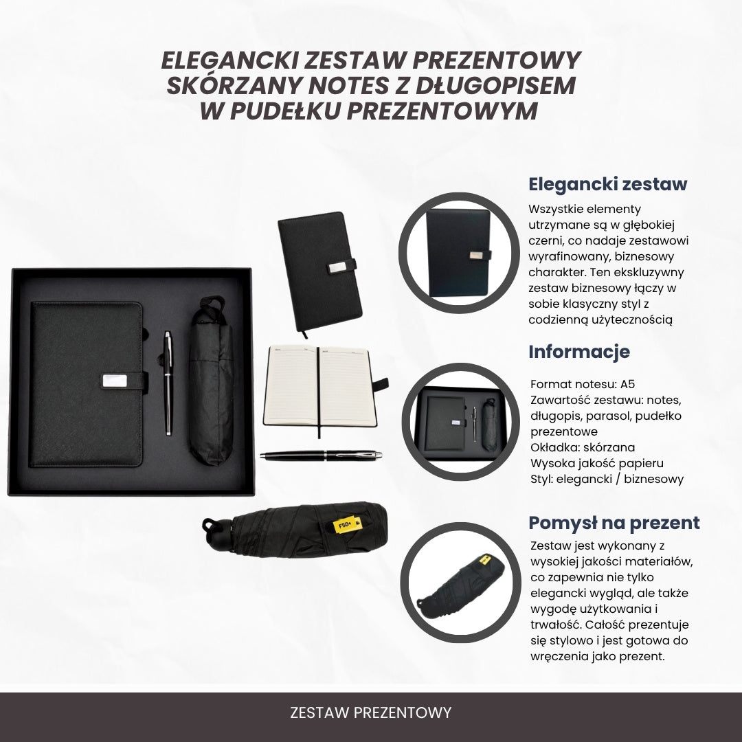 Elegante cadeauset met personalisatie - leren notitieboek A5, pen en zwarte paraplu in geschenkdoos