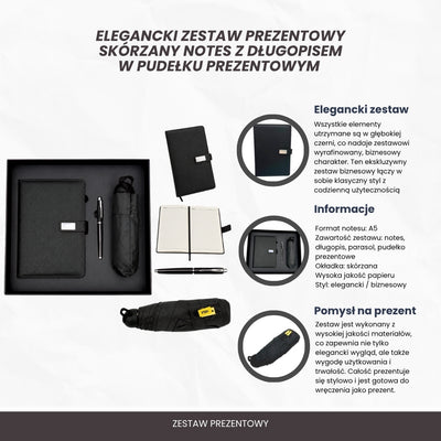 Elegante cadeauset met personalisatie - leren notitieboek A5, pen en zwarte paraplu in geschenkdoos