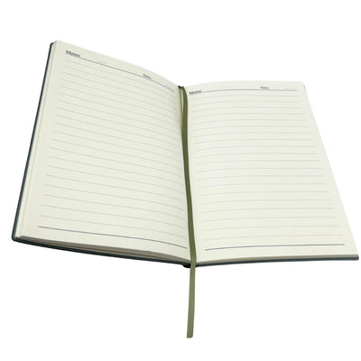 Elegante geschenkset met gepersonaliseerde gravure - leren notitieboek A5 in olijfgroen met pen en reservevulling in esthetische geschenkdoos