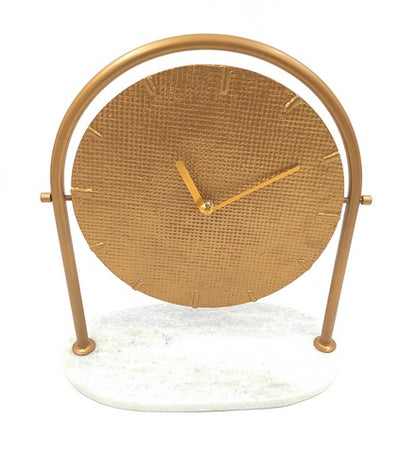 Elegante ronde metalen klok op marmeren voet met mogelijkheid tot personalisatie met gravure