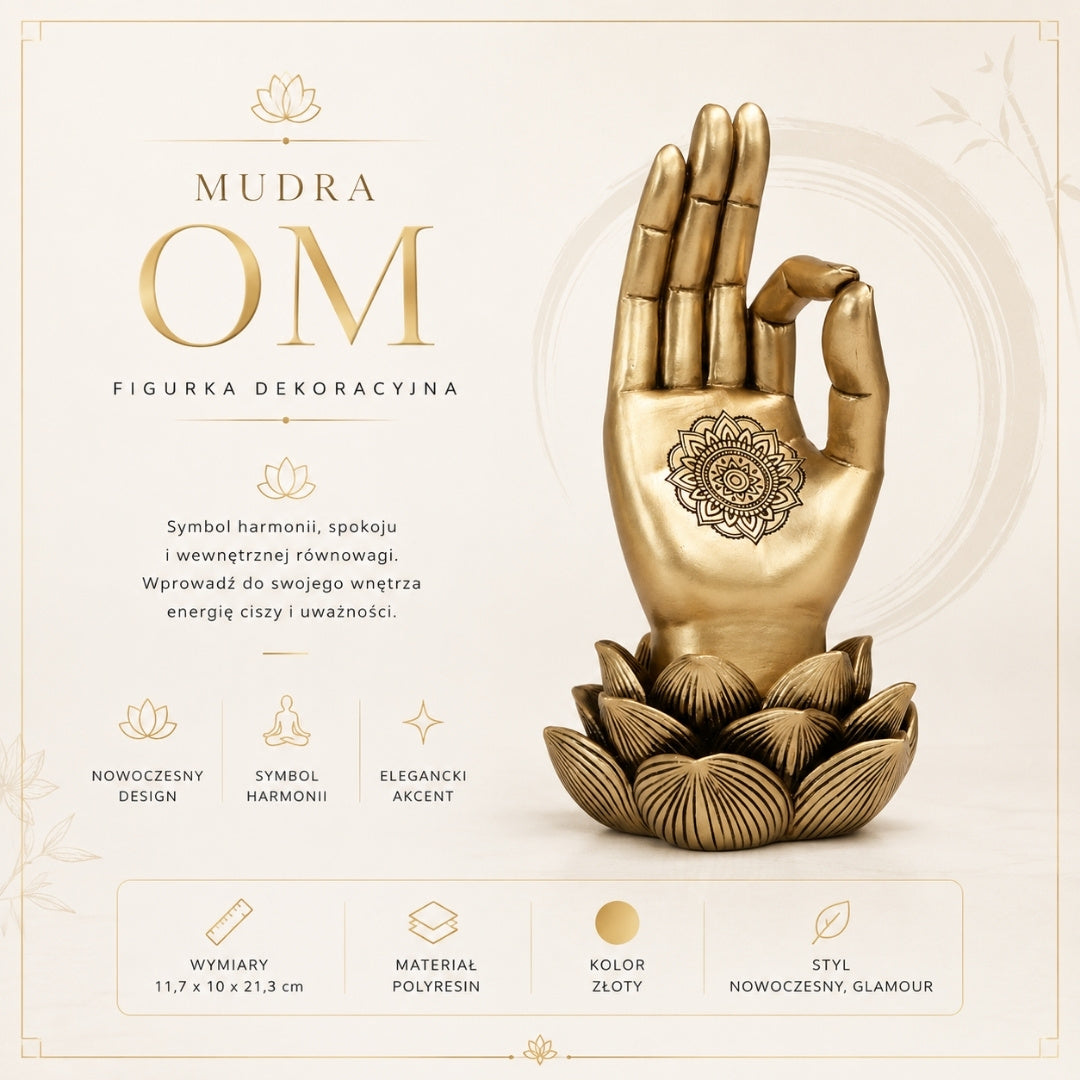 Gouden beeldje Hand van Boeddha Mudra OM met gravure - elegante decoratie als cadeau - lotusbloem, 21cm, polyresin, glamourstijl