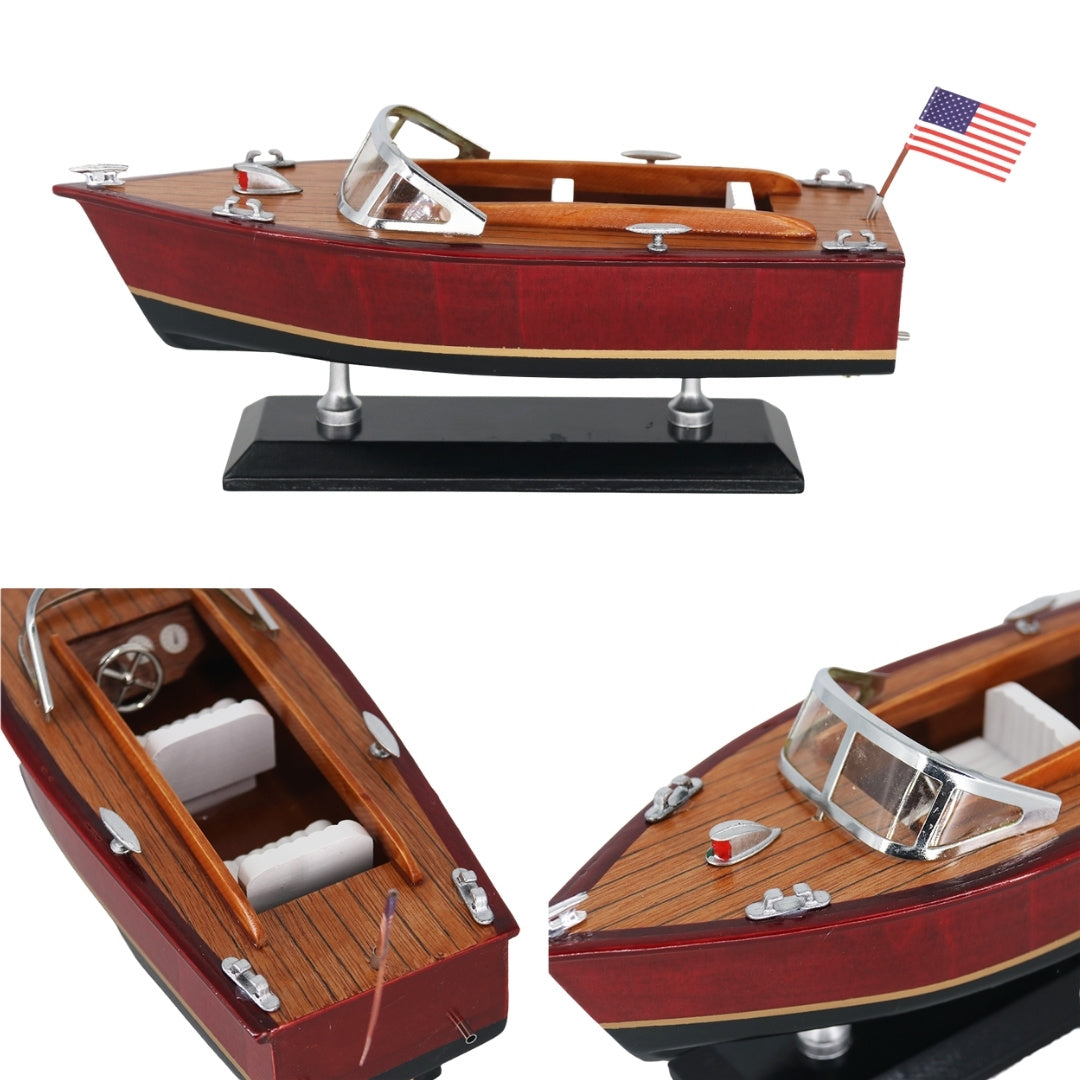 Model van houten motorboot met gravure – klassieke motorboot 26cm in diepe houttinten