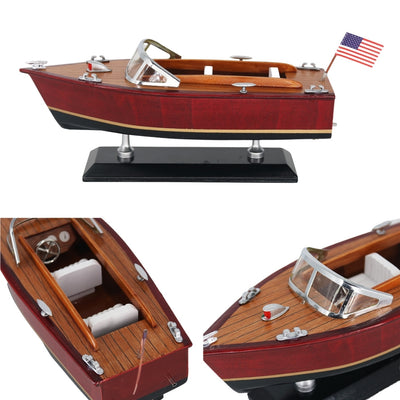 Model van houten motorboot met gravure – klassieke motorboot 26cm in diepe houttinten