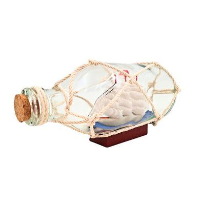 Schip in fles op houten voet met mogelijkheid tot personalisatie met gravure