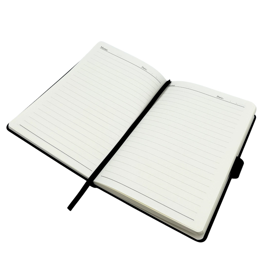 Elegant marineblauw leren notitieboek A5 met pen en gepersonaliseerde gravure in geschenkdoos