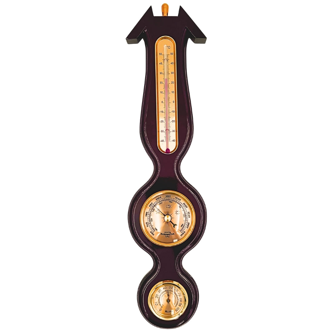 Elegant 3-in-1 weerstation met gravure – thermometer, barometer, hygrometer in donker hout, 40cm