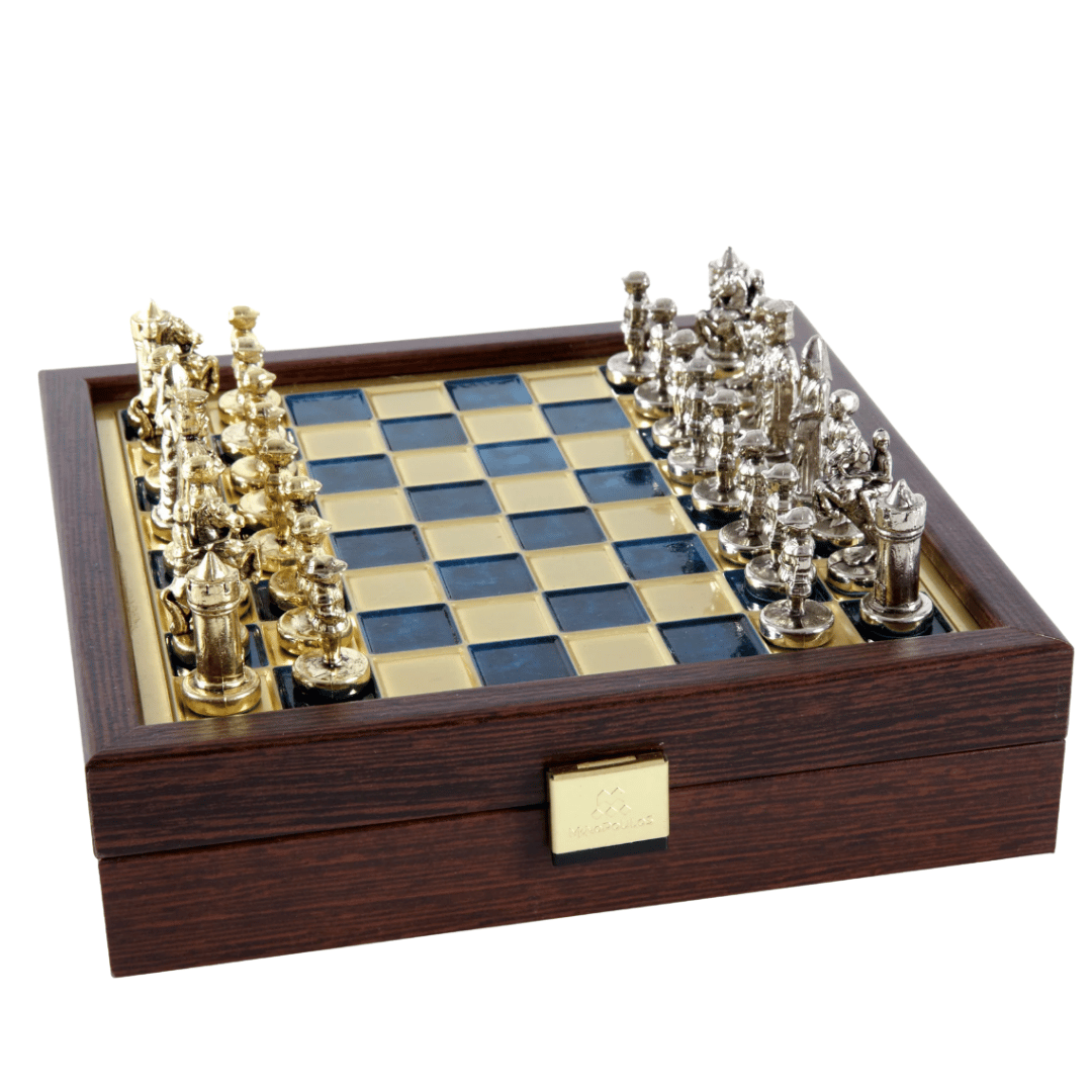 Elegante premium messing schaakset 20x20cm Byzantium met gepersonaliseerde gravure - ideaal cadeau voor een schaker en geschiedenisliefhebber - handgemaakte stukken in gouden en zilveren afwerking