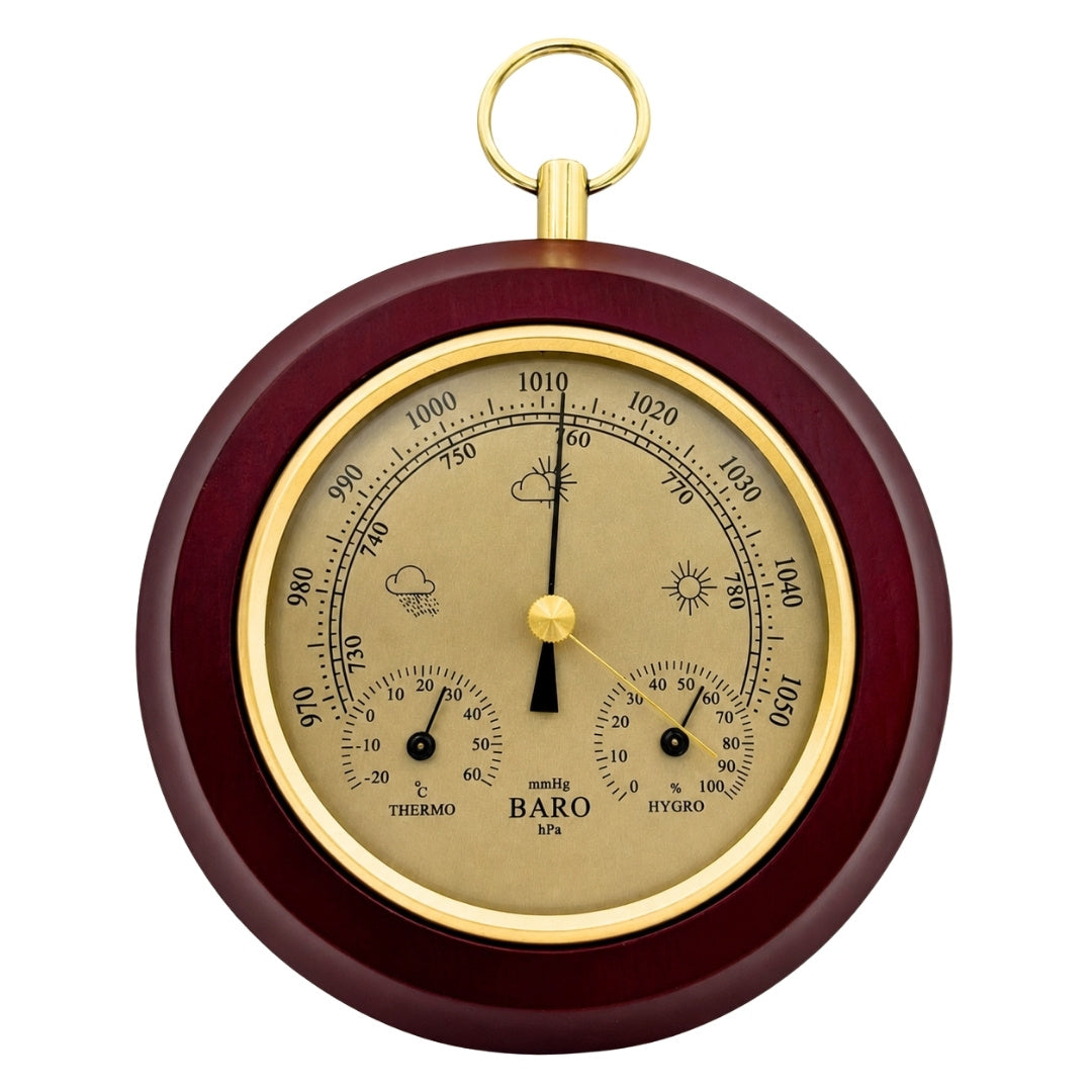 3-in-1 weerstation YG386 met gravure - elegante thermometer, barometer en hygrometer in ronde houten behuizing