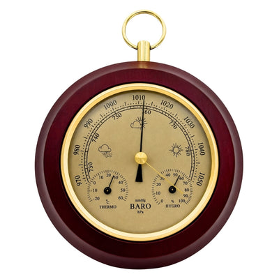3-in-1 weerstation YG386 met gravure - elegante thermometer, barometer en hygrometer in ronde houten behuizing