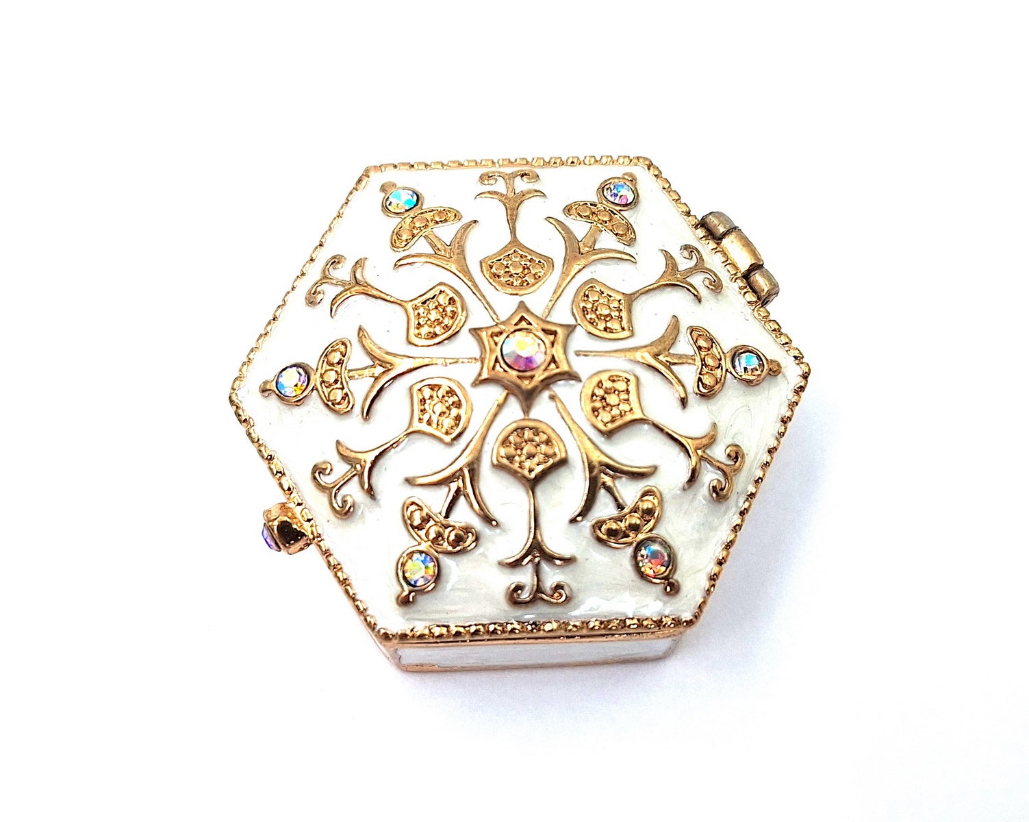 Elegant metalen geschenkdoosje met kristalletjes B0035-08WH, wit-goud, mogelijkheid tot personalisatie door gravure, ideaal voor sieraden en kleine voorwerpen, 5x5x2cm
